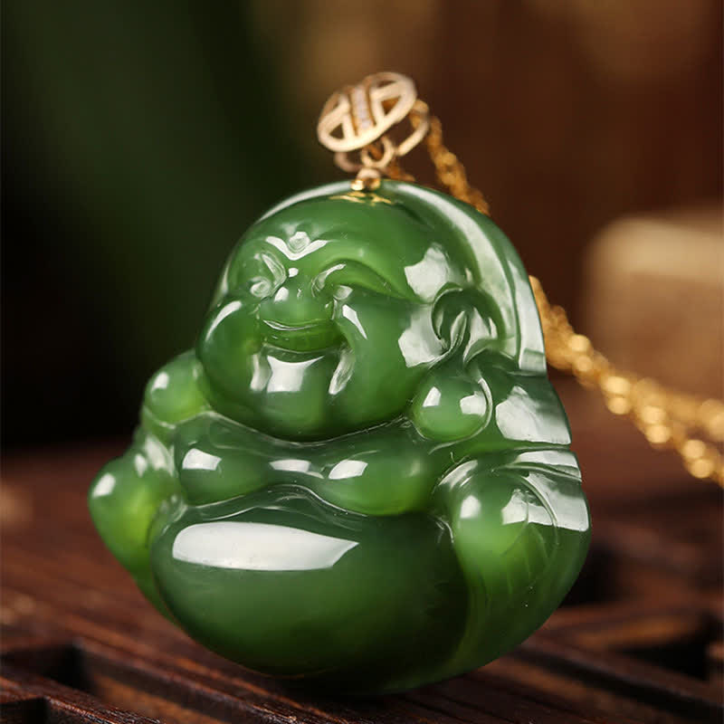 Pendentif Bouddha rieur en jade cyan | Argent 925 et or 18 carats