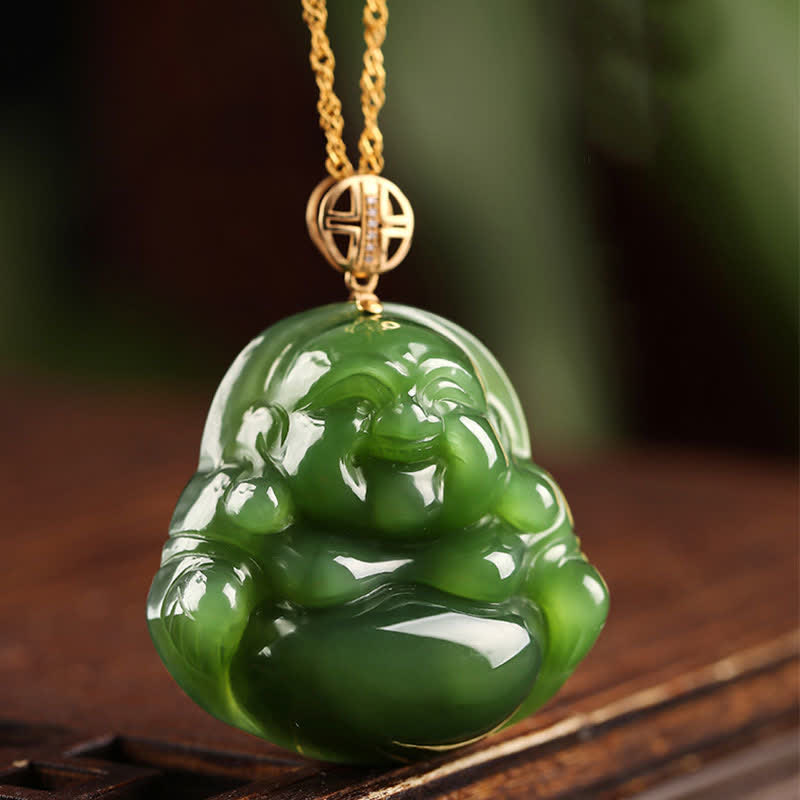 Pendentif Bouddha rieur en jade cyan | Argent 925 et or 18 carats