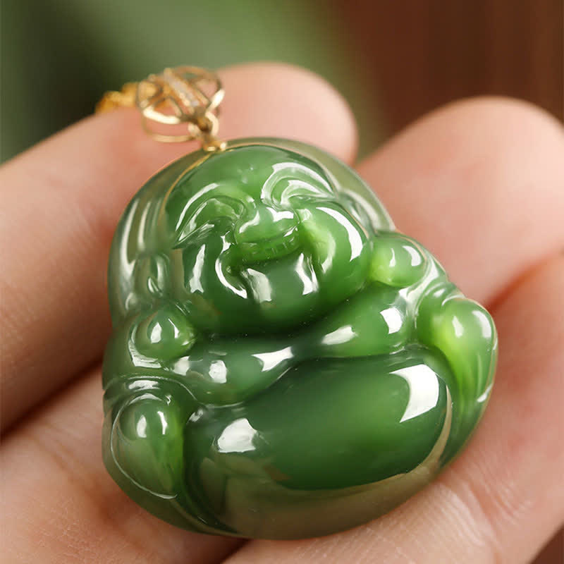 Pendentif Bouddha rieur en jade cyan | Argent 925 et or 18 carats