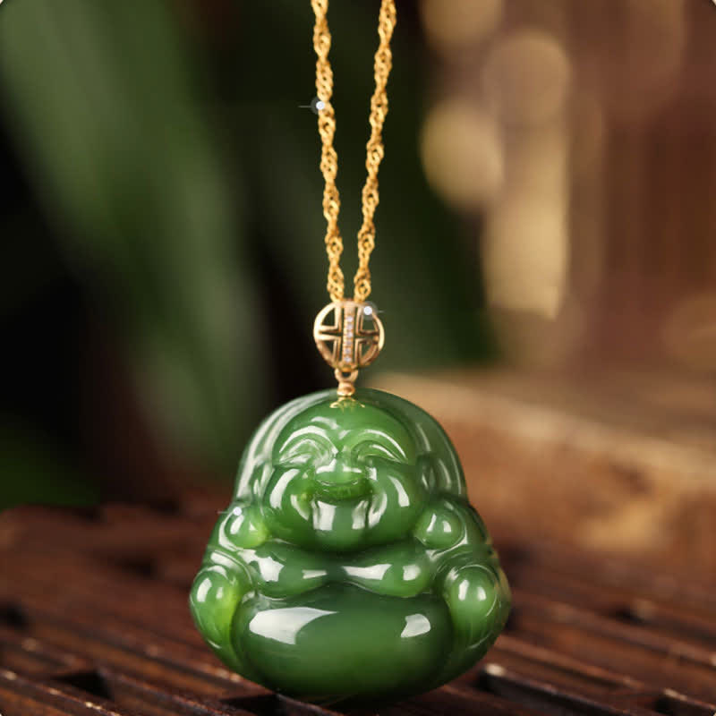 Pendentif Bouddha rieur en jade cyan | Argent 925 et or 18 carats