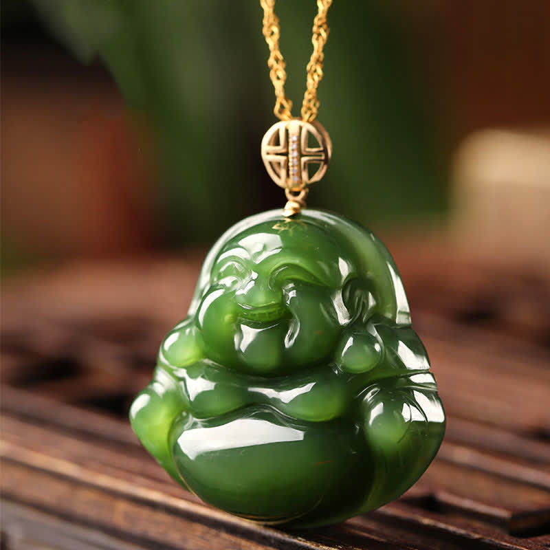 Pendentif Bouddha rieur en jade cyan | Argent 925 et or 18 carats