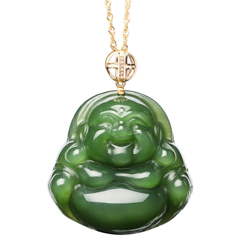 Pendentif Bouddha rieur en jade cyan | Argent 925 et or 18 carats