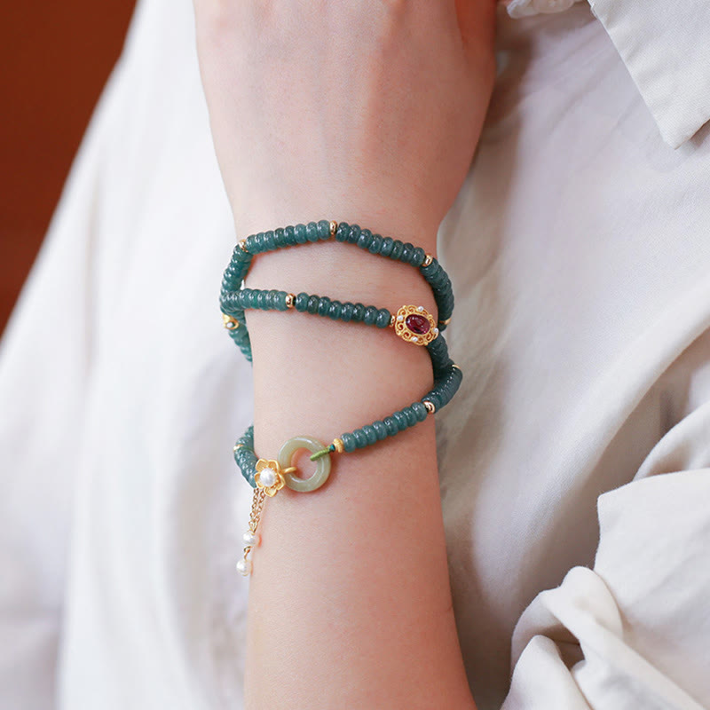 Bracelet triple tour en jade cyan avec boucle de paix en argent