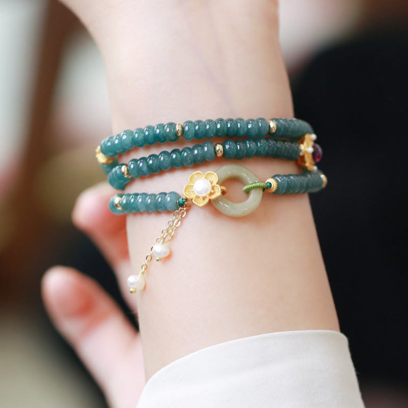 Bracelet triple tour en jade cyan avec boucle de paix en argent