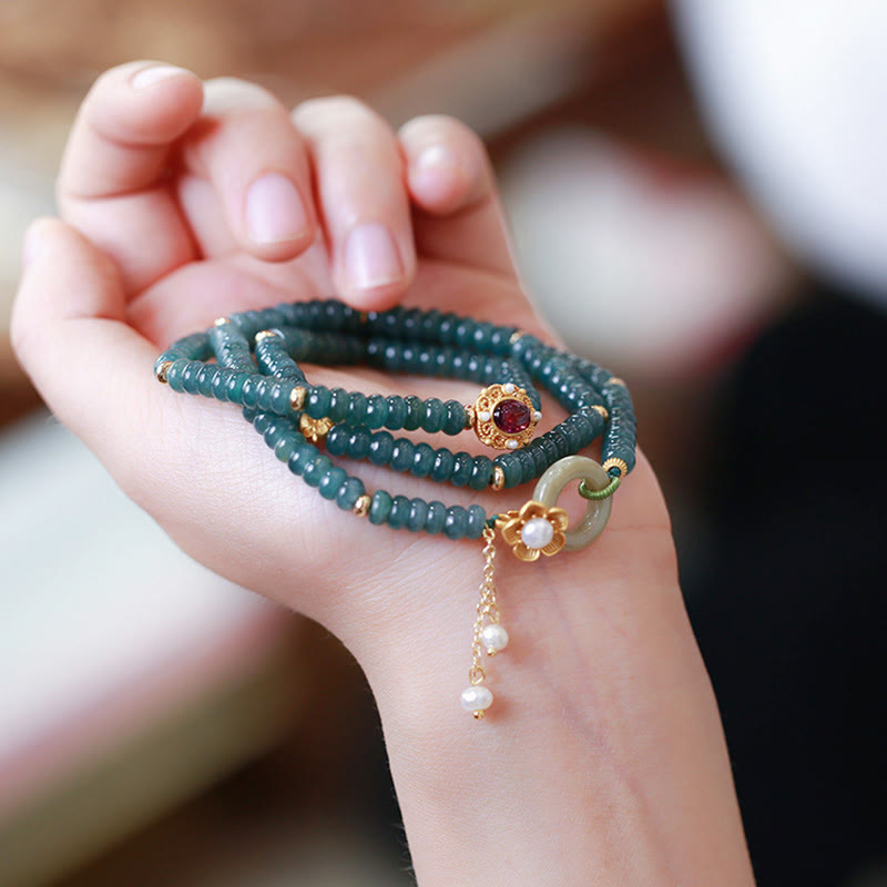 Bracelet triple tour en jade cyan avec boucle de paix en argent