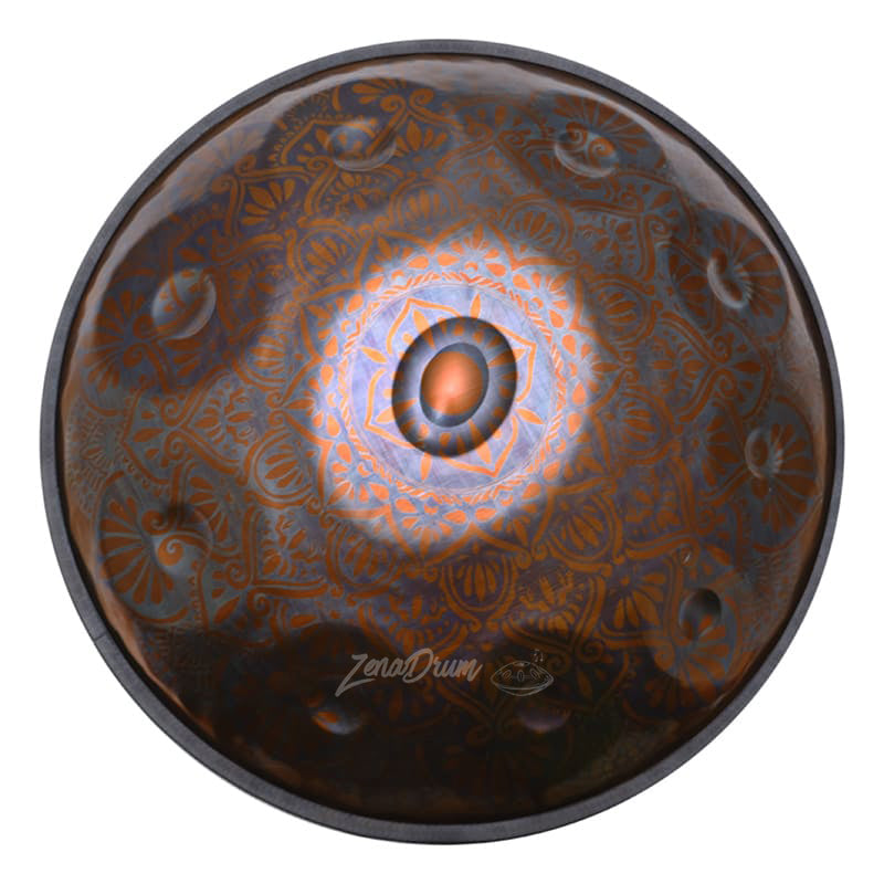 D Minor Handpan Drum with dark metallic finish and mandala pattern for meditation