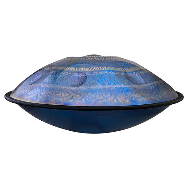 Blue Metallic D Minor Handpan Drum with Geometric Etchings in Stainless Steel Finish