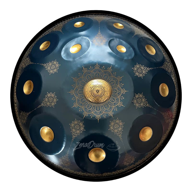D Minor Kurd Handpan Drum with dark blue and golden mandala patterns for sale