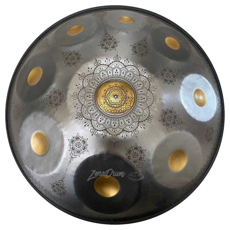 Metallic D Minor Kurd Handpan Drum with intricate mandala designs and golden accents