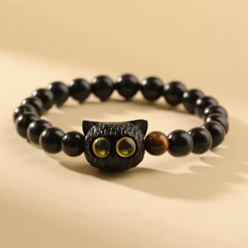 Bracelet tête de chat en bois d'ébène 8 mm pour la paix et l'équilibre