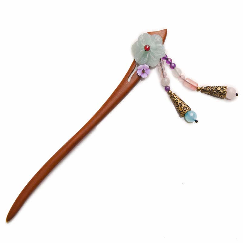 Épingle à cheveux de protection en bois de santal rouge, améthyste et aventurine, style chinois