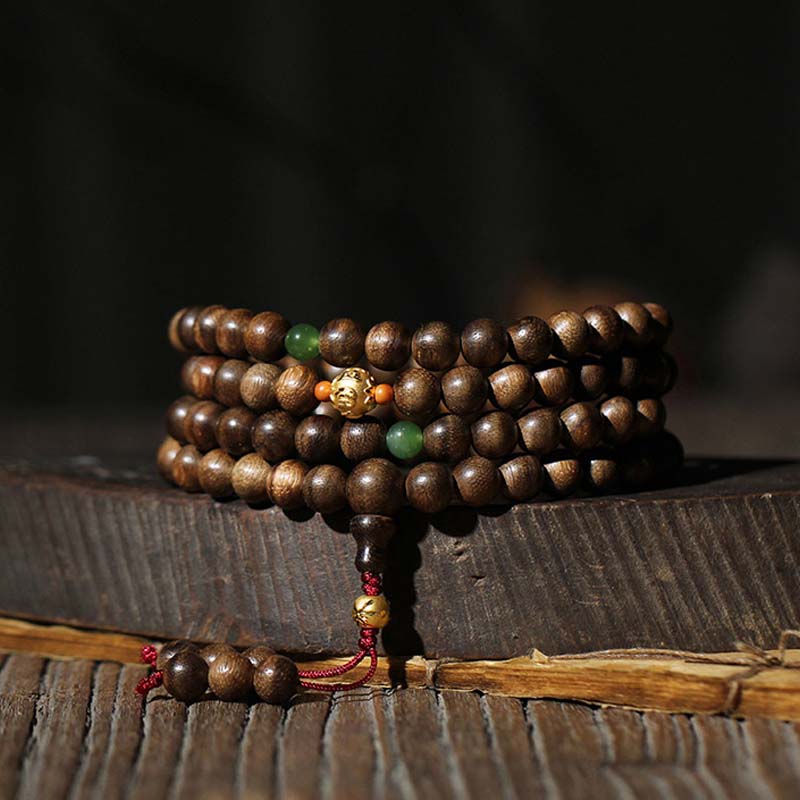 8mm Agarwood Cyan Jade 108 Bead Mala Bracelet for Strength