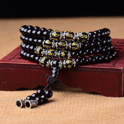 Bracelet de protection en obsidienne noire de 6 mm avec breloque « Six mots vrais »
