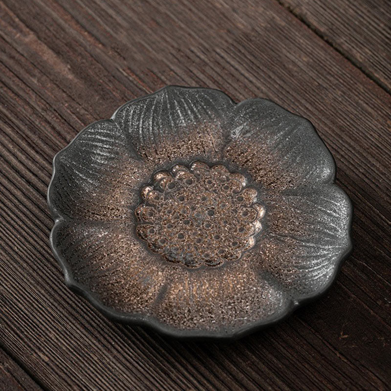 Dessous de plat vintage en céramique motif fleur de lotus, 9,8 cm, marron | Décor Zen