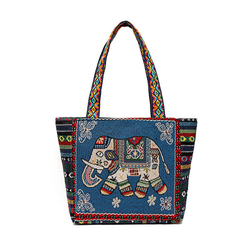 Grand sac fourre-tout en toile avec broderie éléphant et papillon - Charme spirituel