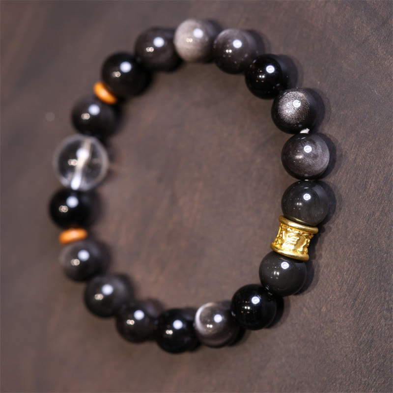 Bracelet unisexe de protection Om Mani Padme en obsidienne argentée brillante