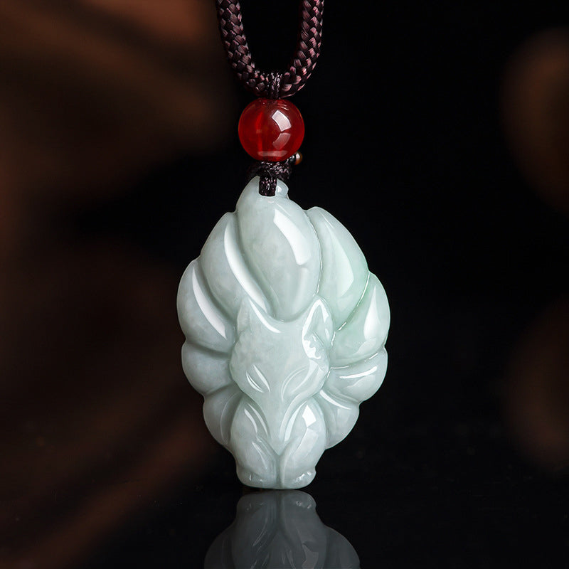Natural Jade Nine Tailed Fox Prosperity Necklace Pendant