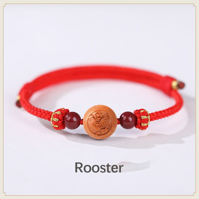Bracelet de richesse en bois de pêcher naturel avec symbole du zodiaque chinois Fu et cinabre