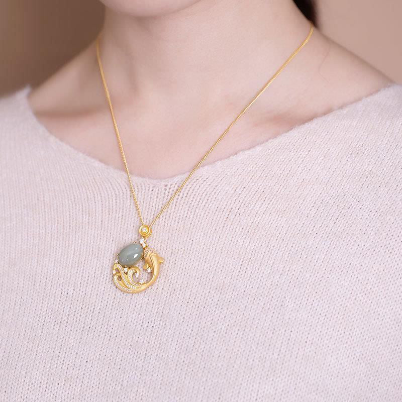 Collier de guérison en jade cyan avec poisson koï 40+5 cm unisexe
