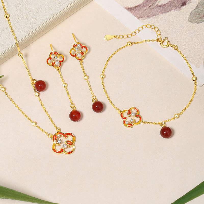 925 Sterling Silver Koi Fish Jewelry Set with Red Agate Pearl