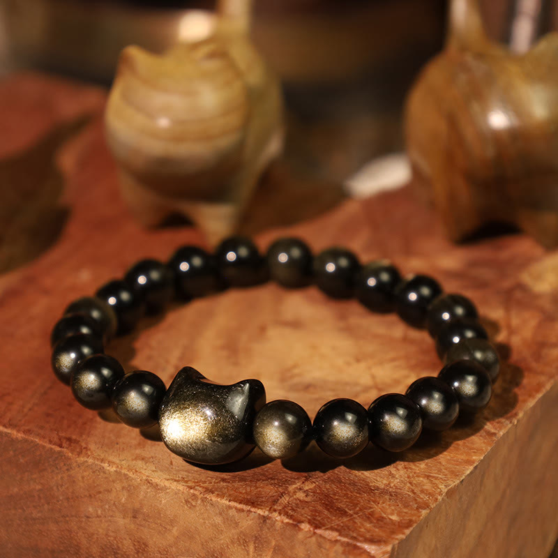 Gold Sheen Obsidian Lucky Cat Protection Bracelet 8mm