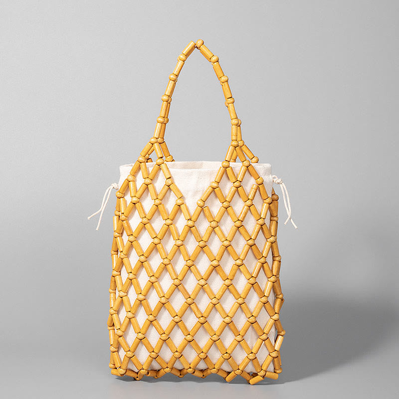 Sac en maille tissée à la main avec perles creuses en bois | Bijoux spirituels