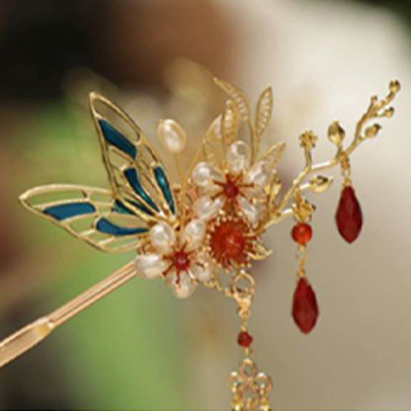 Red Flower Butterfly Pearl Tassel Hair Clip Comb Crown, Spiritual Jewelry