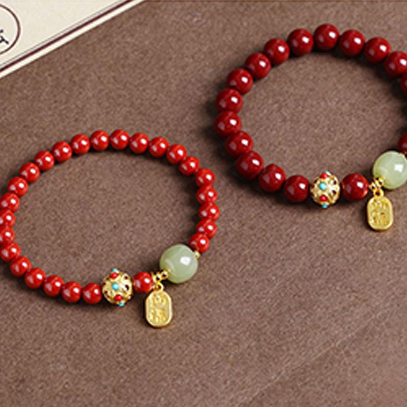 Bracelet à breloques unisexe en cinabre et aventurine verte 8 mm