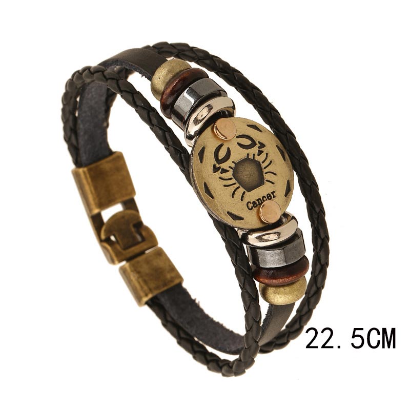 Bracelet à breloques en cuir hématite avec 12 constellations du zodiaque