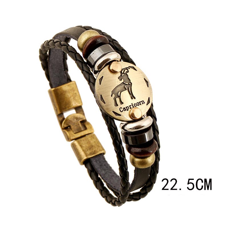 Bracelet à breloques en cuir hématite avec 12 constellations du zodiaque