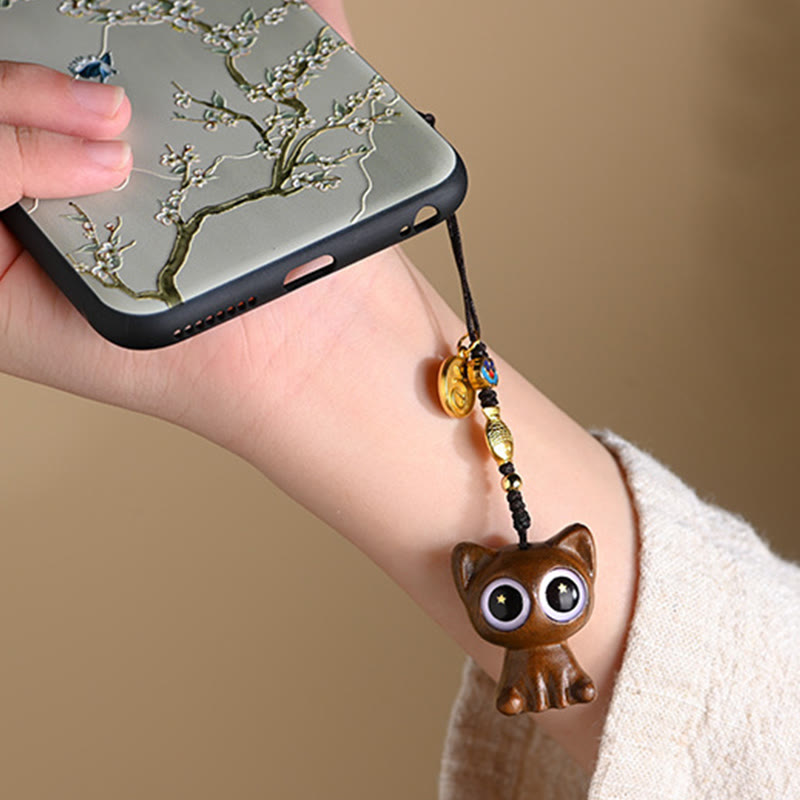 Porte-clés décoratif en forme de chat porte-bonheur en bois de santal vert