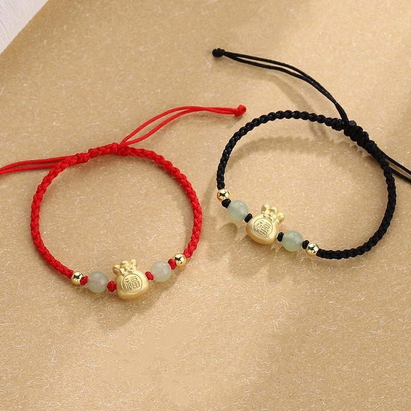 Bracelet unisexe tressé en perles de jade porte-bonheur Fu Character