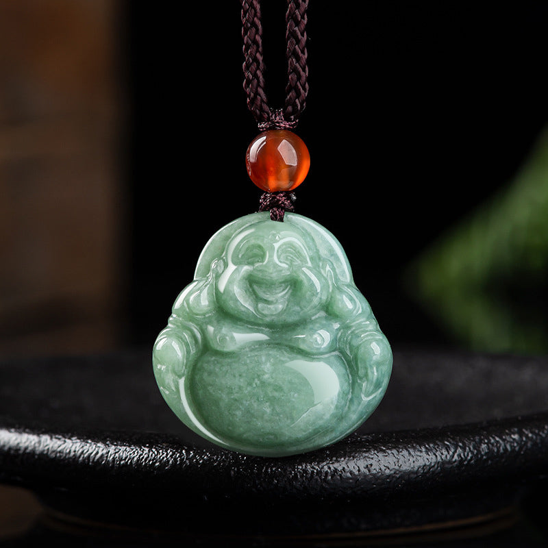 Collier unisexe en jade cyan avec pendentif symbole Bouddha