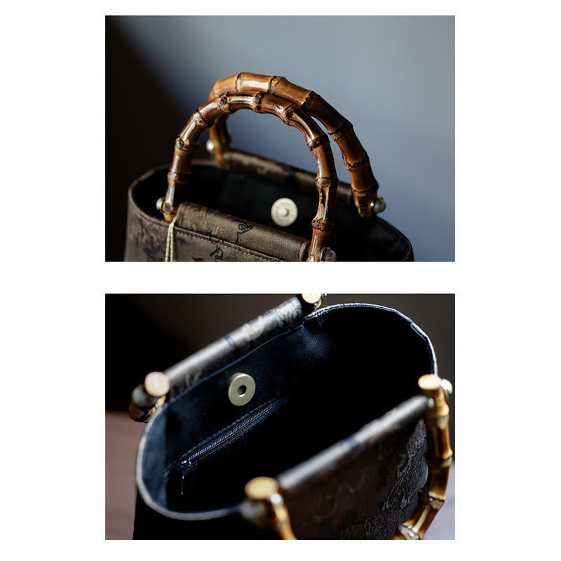 Sac à main en bambou avec motif papillon et poisson koï et poignées en jade
