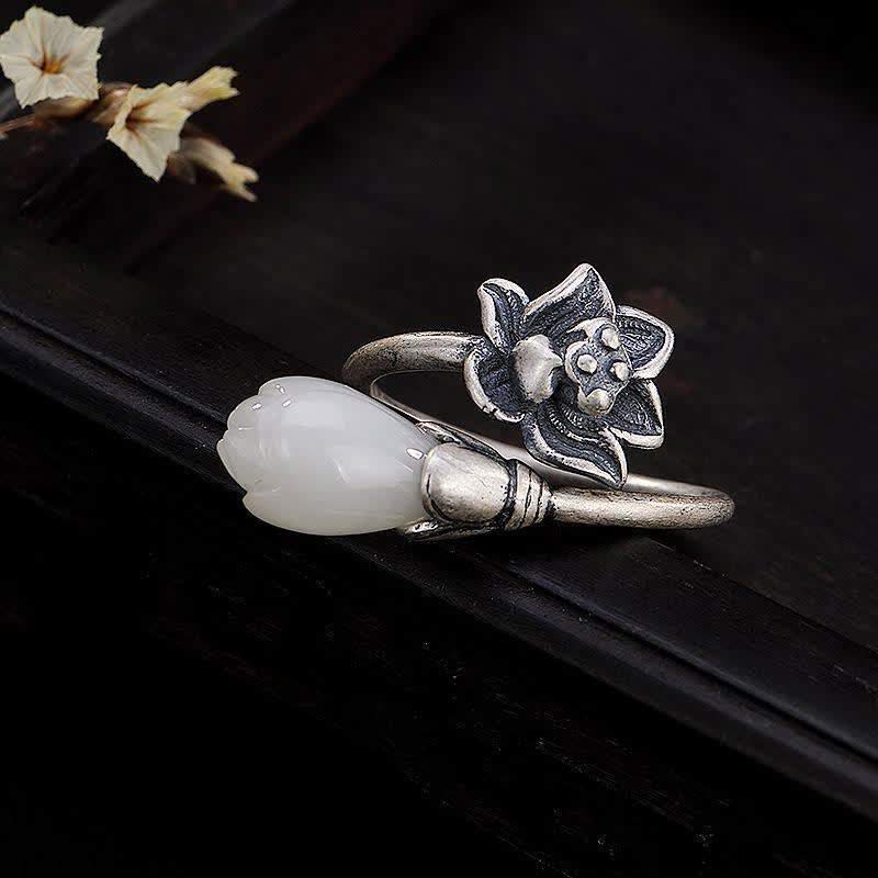 Bague de guérison ajustable en jade et cuivre avec lotus