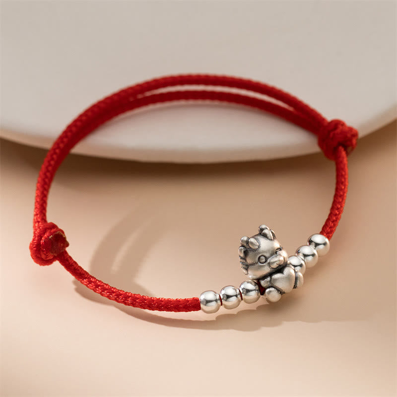 Bracelet porte-bonheur dragon en argent sterling de 23 cm avec cordon rouge