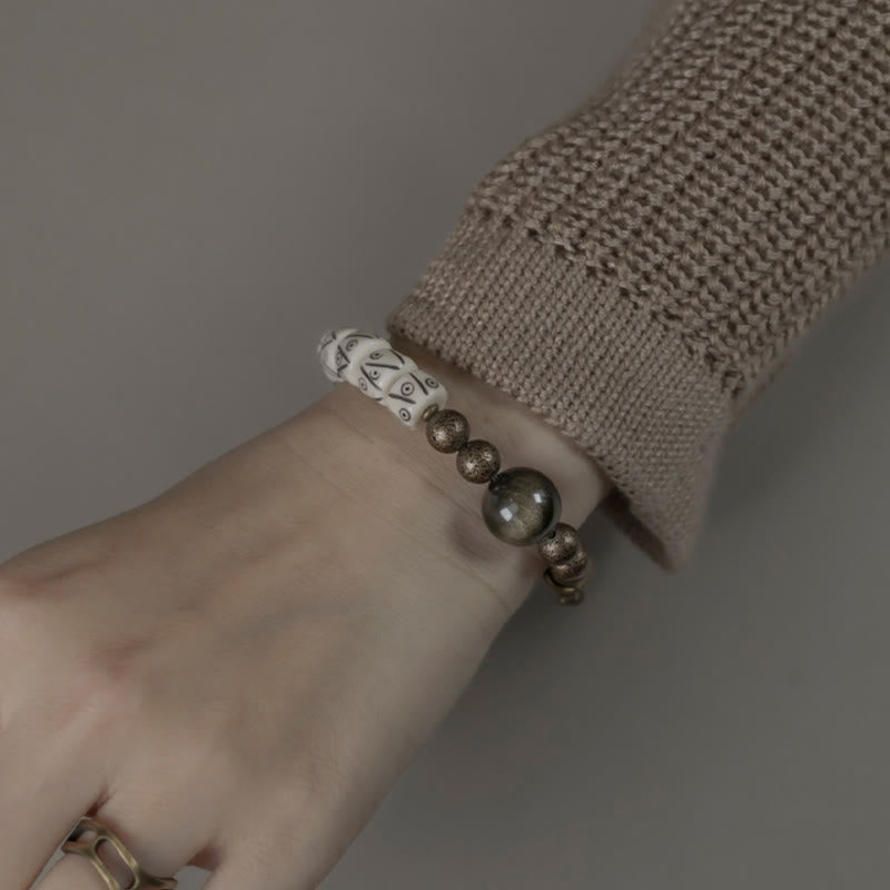 Bracelet unisexe en obsidienne dorée et os de yak