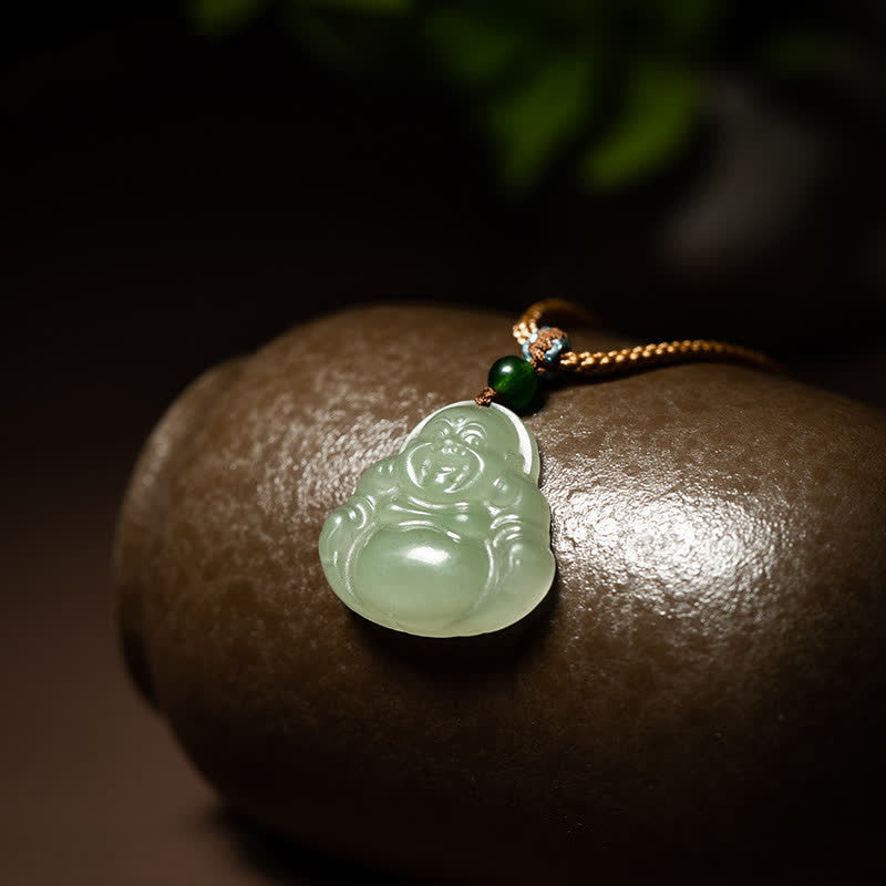 Laughing Buddha Jade Lotus Prosperity String Necklace