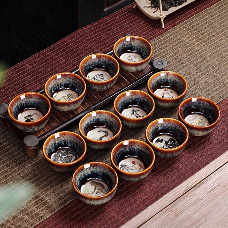Tasse à thé en céramique 73 ml avec 12 signes du zodiaque chinois pour rituel du thé