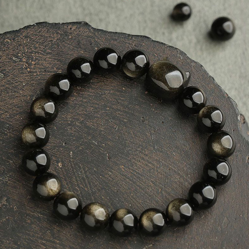 8mm Gold Sheen Obsidian Protection Bracelet with Lucky Cat Paw