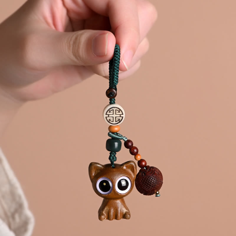 Porte-clés décoratif en forme de chat porte-bonheur en bois de santal vert