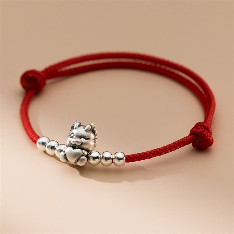 Bracelet porte-bonheur dragon en argent sterling de 23 cm avec cordon rouge