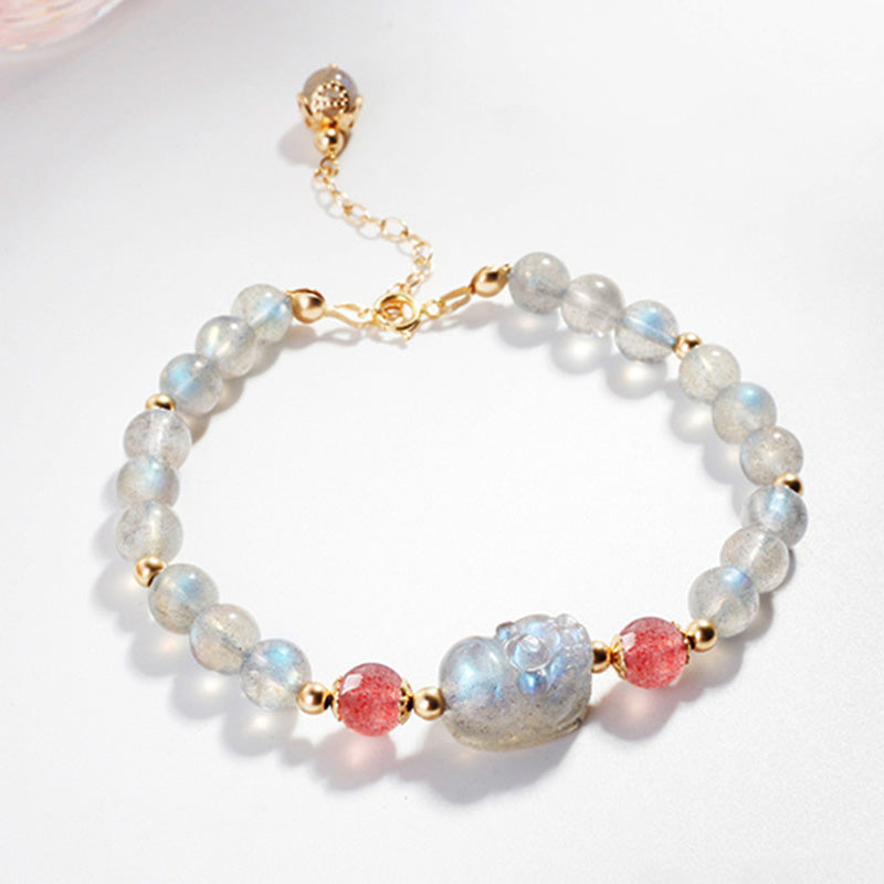 Moonstone Strawberry Quartz Pixiu Bracelet for Wealth & Love