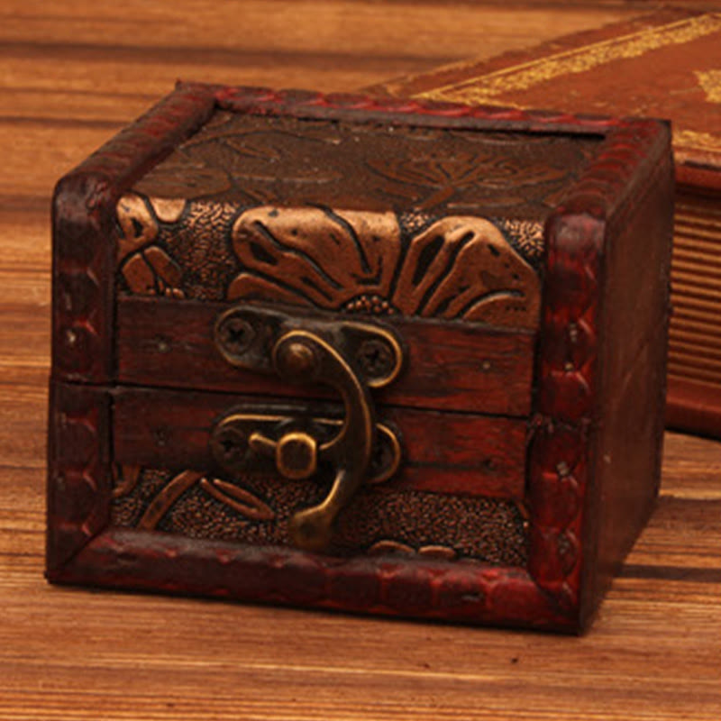 Retro Small Square Wood Jewelry Box with Lotus Design