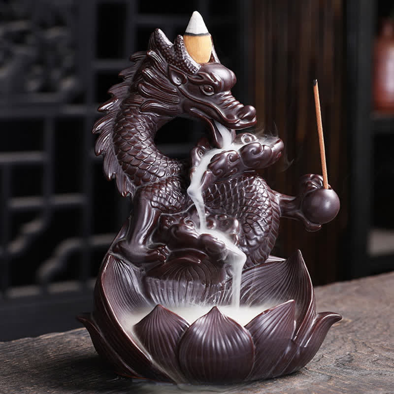 Brûleur d'encens en céramique Dragon Lotus pour la force et la protection