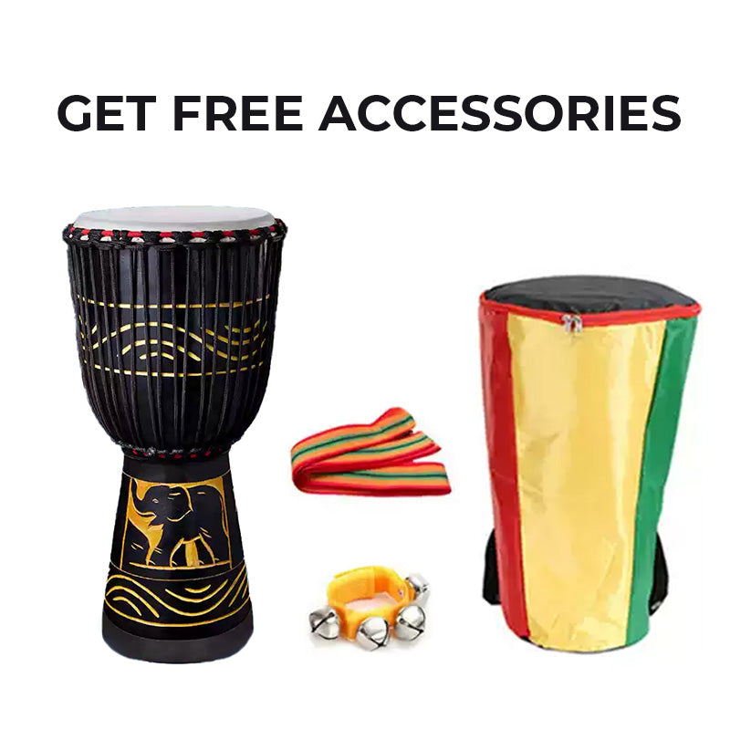 African Djembe drum with black finish and gold patterns for beginner percussion players
