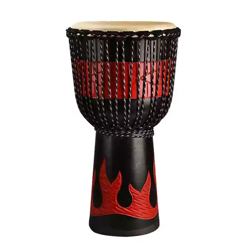 African Djembe Drum with Black and Red Flame Design and Woven Rope Tuning