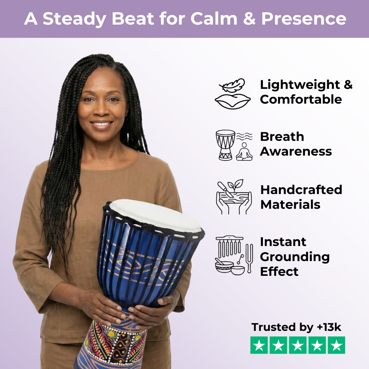 Djembé Tambour à main en bois d'acajou africain, peau de chèvre