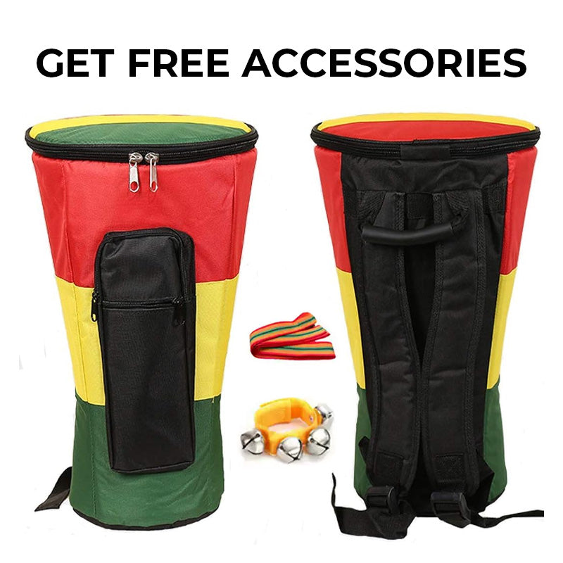 Rasta-colored cylindrical drum bag with straps for Djembe Hand Drum, African Mahogany Wood
