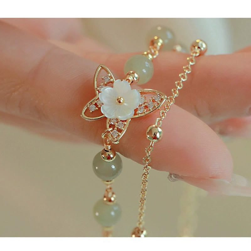Bracelet porte-bonheur papillon en jade plaqué or 14 carats à double couche